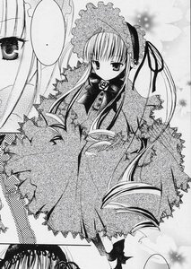 Rating: Safe Score: 0 Tags: 1girl bonnet dress frills greyscale image long_hair long_sleeves monochrome shinku solo twintails umbrella very_long_hair User: admin