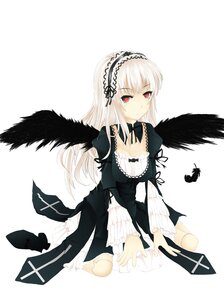 Rating: Safe Score: 0 Tags: 1girl black_wings breasts detached_collar dress feathered_wings feathers frills hairband image long_hair long_sleeves looking_at_viewer red_eyes ribbon simple_background sitting solo suigintou white_background wings User: admin