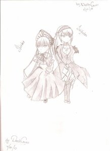 Rating: Safe Score: 0 Tags: 2girls dated dress hairband holding_hands image long_hair long_sleeves looking_at_viewer monochrome multiple_girls pair ribbon shinku siblings sisters sketch smile striped suigintou twins vertical_stripes User: admin