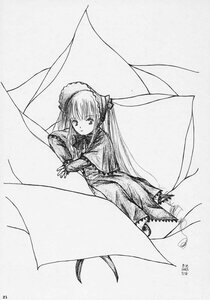 Rating: Safe Score: 0 Tags: 1girl dress greyscale image long_hair long_sleeves looking_at_viewer monochrome shinku simple_background solo very_long_hair white_background User: admin