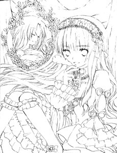 Rating: Safe Score: 0 Tags: 2girls closed_eyes dress flower frills greyscale image long_hair long_sleeves monochrome multiple_girls rose smile solo suigintou very_long_hair User: admin