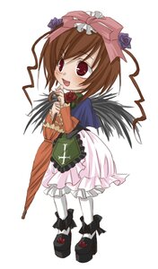 Rating: Safe Score: 0 Tags: 1girl :d blush bow brown_hair costume_switch dress flower full_body image lolita_fashion long_sleeves open_mouth red_eyes rose smile solo standing umbrella white_background wings User: admin