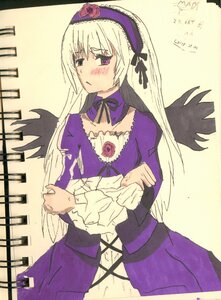 Rating: Safe Score: 0 Tags: 1girl black_wings blush detached_collar dress flower frills hairband image long_hair long_sleeves looking_at_viewer rose simple_background solo suigintou wings User: admin