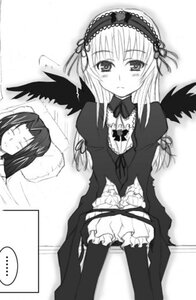 Rating: Safe Score: 0 Tags: ... 1girl black_wings blush dress frills greyscale hairband image long_hair long_sleeves looking_at_viewer monochrome sleeping solo spoken_ellipsis suigintou wings User: admin