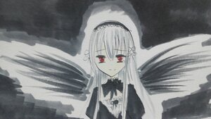 Rating: Safe Score: 0 Tags: 1girl bangs black_wings closed_mouth detached_collar dress frills hairband image long_hair long_sleeves looking_at_viewer monochrome red_eyes solo suigintou upper_body wings User: admin