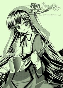 Rating: Safe Score: 0 Tags: 1girl :d bag blush bonnet cowboy_shot dress frills green_background green_theme head_tilt holding image lolita_fashion long_hair long_sleeves looking_at_viewer monochrome neck_ribbon open_mouth ribbon rozen_maiden simple_background smile solo suiseiseki tsukigami_runa very_long_hair watering_can User: admin