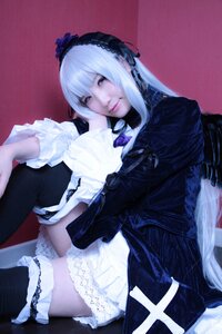 Rating: Safe Score: 0 Tags: 1girl black_legwear dress frills gothic_lolita hairband lace lips lolita_fashion long_hair long_sleeves looking_at_viewer realistic sitting solo suigintou thighhighs underwear User: admin