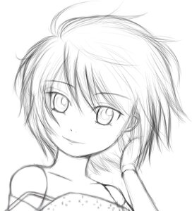 Rating: Safe Score: 0 Tags: 1girl bare_shoulders closed_mouth eyebrows_visible_through_hair greyscale image looking_at_viewer monochrome short_hair simple_background sketch smile solo souseiseki striped white_background User: admin