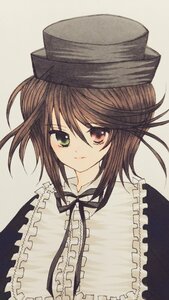 Rating: Safe Score: 0 Tags: 1girl brown_hair closed_mouth frills green_eyes hat heterochromia image long_sleeves looking_at_viewer ribbon simple_background solo souseiseki upper_body User: admin