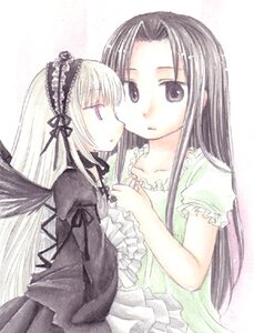 Rating: Safe Score: 0 Tags: 2girls dress frills hairband image kakizaki_megu long_hair long_sleeves looking_at_another multiple_girls silver_hair solo suigintou wings yuri User: admin