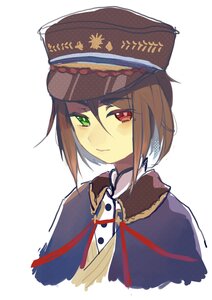 Rating: Safe Score: 0 Tags: black_headwear blush brown_hair capelet closed_mouth green_eyes hat heterochromia image looking_at_viewer neck_ribbon red_eyes ribbon simple_background solo souseiseki taisho upper_body white_background User: admin