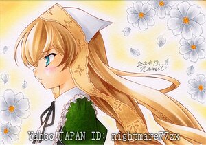 Rating: Safe Score: 0 Tags: 1girl artist_name bangs blue_eyes blush bonnet braid brown_hair closed_mouth dress eyebrows_visible_through_hair flower from_side green_dress head_scarf image long_hair marker_(medium) petals profile signature solo suiseiseki traditional_media User: admin