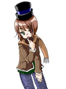Rating: Safe Score: 0 Tags: 1girl :o brown_hair green_eyes hat heterochromia image long_sleeves looking_at_viewer open_mouth red_eyes scarf simple_background solo souseiseki suiseiseki top_hat white_background User: admin