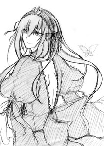 Rating: Safe Score: 0 Tags: 1girl breasts bug butterfly dress flower greyscale hairband image insect large_breasts long_hair long_sleeves looking_at_viewer looking_back monochrome ribbon sketch smile solo suigintou User: admin