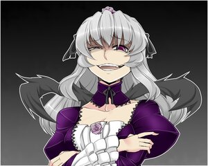 Rating: Safe Score: 0 Tags: 1girl black_wings dress evil_smile hairband image long_hair shaded_face silver_hair solo suigintou wings User: admin