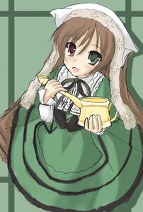 Rating: Safe Score: 0 Tags: 1girl brown_hair cup dress green_dress heterochromia holding image long_hair long_sleeves looking_at_viewer open_mouth red_eyes simple_background solo suiseiseki very_long_hair watering_can User: admin