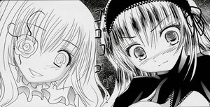 Rating: Safe Score: 0 Tags: 1girl blush close-up face greyscale hair_ribbon hairband image kirakishou looking_at_viewer monochrome pair ribbon smile suigintou twintails User: admin