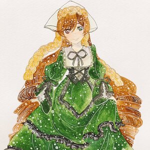 Rating: Safe Score: 0 Tags: 1girl brown_hair dress drill_hair green_dress green_eyes head_scarf heterochromia image long_hair long_sleeves red_eyes smile solo suiseiseki traditional_media twin_drills very_long_hair User: admin