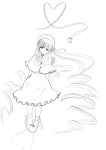 Rating: Safe Score: 0 Tags: 1girl capelet dress drill_hair full_body greyscale heart image long_hair long_sleeves monochrome shinku shoes solo standing twintails very_long_hair User: admin