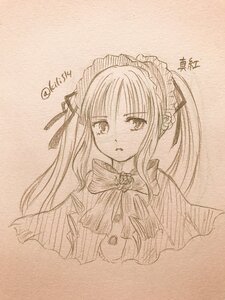 Rating: Safe Score: 0 Tags: 1girl bow capelet eyebrows_visible_through_hair hair_ribbon hairband image long_hair looking_at_viewer monochrome ribbon shinku simple_background solo traditional_media upper_body User: admin