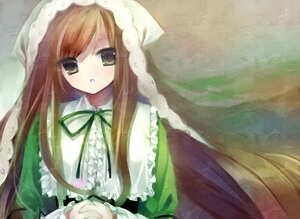 Rating: Safe Score: 0 Tags: 1girl bangs bonnet brown_hair capelet commentary_request dress eyebrows_visible_through_hair frills green_dress green_eyes grey_eyes highres image interlocked_fingers long_hair long_sleeves looking_at_viewer nametakenoko open_mouth own_hands_clasped own_hands_together rozen_maiden solo suiseiseki very_long_hair User: admin