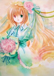 Rating: Safe Score: 0 Tags: 1girl bouquet brown_hair dress flower green_dress green_eyes image long_hair long_sleeves looking_at_viewer pink_flower pink_rose red_rose ribbon rose smile solo suiseiseki traditional_media very_long_hair User: admin