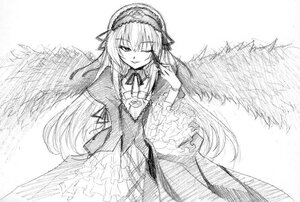 Rating: Safe Score: 0 Tags: 1girl black_wings dress feathered_wings frilled_sleeves frills greyscale hairband image long_hair long_sleeves looking_at_viewer monochrome one_eye_closed smile solo suigintou tongue tongue_out traditional_media very_long_hair wings User: admin