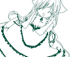 Rating: Safe Score: 0 Tags: 1girl :d apron bow closed_eyes dress facing_viewer frills image long_hair long_sleeves monochrome open_mouth smile solo striped suiseiseki very_long_hair User: admin