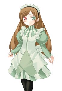 Rating: Safe Score: 0 Tags: 1girl :o blush brown_hair dress frills green_dress green_eyes heterochromia image long_hair long_sleeves looking_at_viewer pantyhose red_eyes simple_background solo suiseiseki very_long_hair white_background User: admin