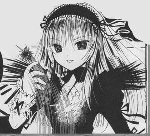 Rating: Safe Score: 0 Tags: 1girl blush frills greyscale hairband image long_hair long_sleeves looking_at_viewer monochrome plant smile solo suigintou traditional_media upper_body User: admin