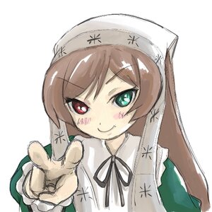 Rating: Safe Score: 0 Tags: 1girl apron bangs blush brown_hair closed_mouth dress eyebrows_visible_through_hair green_dress green_eyes hat image long_hair long_sleeves simple_background smile solo suiseiseki white_background User: admin