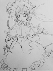 Rating: Safe Score: 0 Tags: 1girl bonnet bow bowtie dress drill_hair frills greyscale image long_hair long_sleeves looking_at_viewer monochrome shinku simple_background solo standing traditional_media twin_drills twintails very_long_hair white_background User: admin