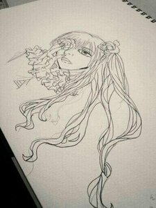 Rating: Safe Score: 0 Tags: 1girl artist_name flower greyscale hair_flower hair_ornament image kirakishou long_hair looking_at_viewer monochrome photo signature solo traditional_media User: admin