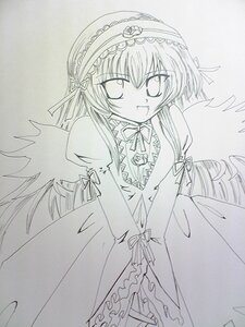 Rating: Safe Score: 0 Tags: 1girl blush dress frills hairband image long_hair long_sleeves looking_at_viewer monochrome open_mouth simple_background smile solo suigintou traditional_media wings User: admin