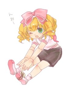 Rating: Safe Score: 0 Tags: 1girl blonde_hair bow drill_hair full_body green_eyes hair_bow hina_ichigo hinaichigo image one_eye_closed open_mouth pink_bow pink_footwear ringlets shoes shorts simple_background sitting solo stretch twin_drills User: admin