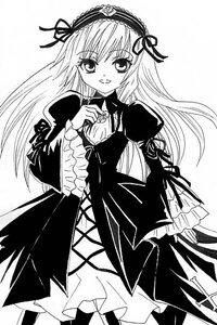 Rating: Safe Score: 0 Tags: 1girl dress frills greyscale hairband image lolita_hairband long_hair long_sleeves looking_at_viewer monochrome simple_background smile solo suigintou white_background User: admin