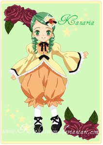 Rating: Safe Score: 0 Tags: 1girl braid character_name flower full_body green_eyes green_hair hair_ornament image kanaria long_sleeves red_flower rose smile solo standing twin_braids User: admin