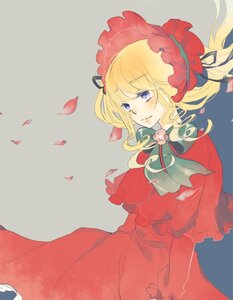 Rating: Safe Score: 0 Tags: 1girl blonde_hair blue_eyes bonnet bow capelet dress flower image long_hair petals red_dress ribbon rose rose_petals shinku simple_background solo striped twintails User: admin