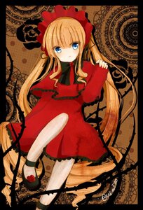 Rating: Safe Score: 0 Tags: 1girl blonde_hair blue_eyes bonnet bow dress flower image long_hair long_sleeves looking_at_viewer red_dress rose shinku sitting solo twintails very_long_hair User: admin