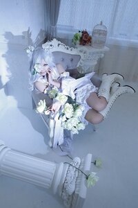 Rating: Safe Score: 0 Tags: 1girl bare_shoulders bouquet dress flower kirakishou rose sitting solo wedding_dress white_dress white_flower white_hair User: admin
