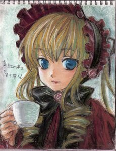 Rating: Safe Score: 0 Tags: 1girl bangs blonde_hair blue_eyes bonnet bow cup drill_hair holding holding_cup image long_hair long_sleeves looking_at_viewer marker_(medium) saucer shinku smile solo tea teacup traditional_media upper_body User: admin