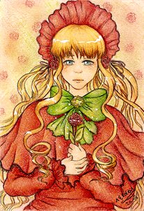 Rating: Safe Score: 0 Tags: 1girl blonde_hair blue_eyes bonnet bow bowtie dress flower green_bow green_neckwear image long_hair long_sleeves looking_at_viewer red_capelet red_dress rose shinku solo traditional_media upper_body User: admin