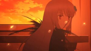 Rating: Safe Score: 0 Tags: 1girl image long_hair looking_at_viewer mouth_hold orange_sky red_eyes red_theme sky solo suigintou sunset User: admin
