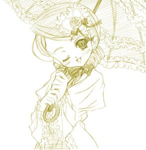 Rating: Safe Score: 0 Tags: 1girl ;d dress drill_hair flower frills image kanaria long_sleeves monochrome one_eye_closed open_mouth parasol rose simple_background smile solo umbrella upper_body white_background User: admin