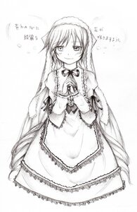 Rating: Safe Score: 0 Tags: 1girl auto_tagged blush dress greyscale image long_hair long_sleeves looking_at_viewer monochrome neck_ribbon ribbon smile solo suiseiseki very_long_hair User: admin