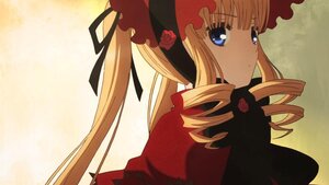 Rating: Safe Score: 0 Tags: 1girl bangs black_ribbon blonde_hair blue_eyes bonnet bow drill_hair flower image long_hair looking_at_viewer looking_back red_flower ribbon rose shinku solo twintails yellow_background User: admin
