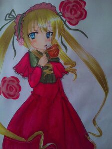 Rating: Safe Score: 0 Tags: 1girl blonde_hair blue_eyes blush bonnet cup dress drill_hair flower holding_cup image long_hair long_sleeves looking_at_viewer marker_(medium) photo pink_flower pink_rose red_dress red_flower red_rose rose shinku simple_background solo teacup traditional_media twintails User: admin