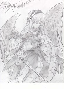 Rating: Safe Score: 0 Tags: 1girl dress feathered_wings flower frills greyscale hairband image long_hair long_sleeves looking_at_viewer monochrome signature solo suigintou traditional_media wings User: admin