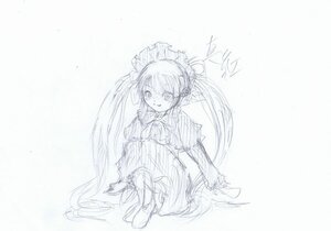 Rating: Safe Score: 0 Tags: 1girl boots dress image long_hair long_sleeves looking_at_viewer monochrome shinku sitting sketch smile solo striped twintails very_long_hair User: admin