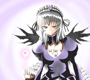 Rating: Safe Score: 0 Tags: 1girl black_wings dress flower frills gradient gradient_background hairband image juliet_sleeves lolita_fashion long_hair long_sleeves looking_at_viewer puffy_sleeves red_eyes ribbon rose silver_hair solo suigintou wings User: admin